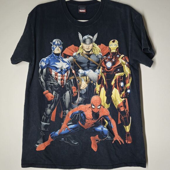 Vintage Marvel T Shirt Men's Small Black Mad Engine Spider-Man Captain America - Picture 1 of 4